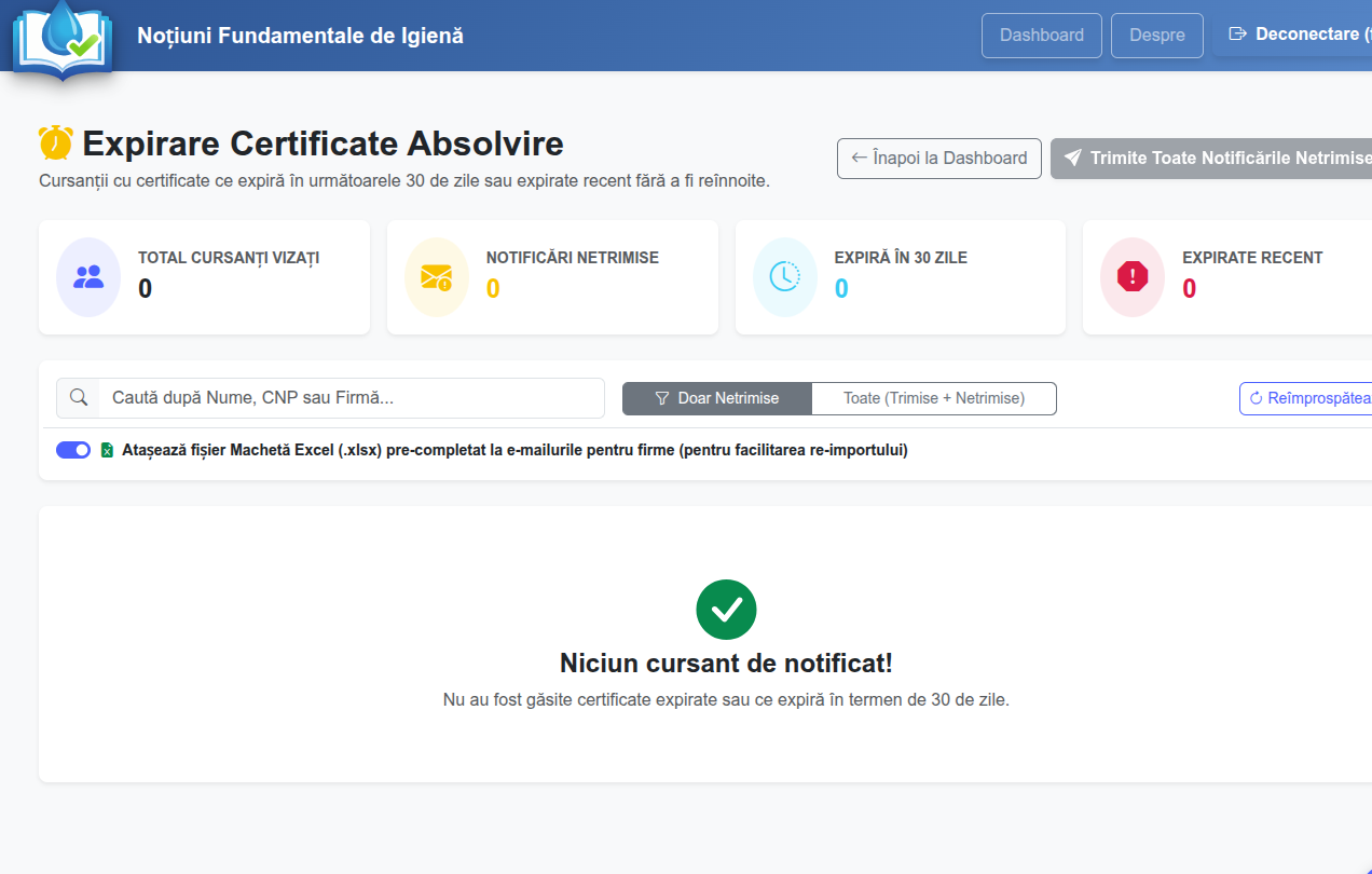 Captură ecran — Expirare Certificate Furnizori